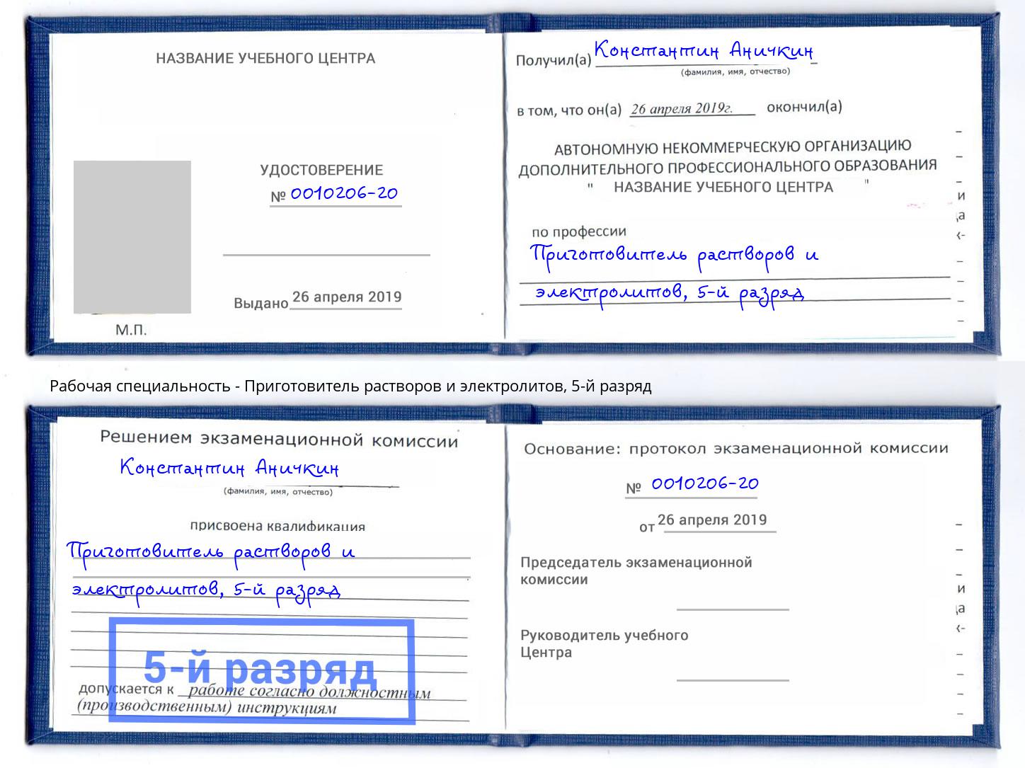 корочка 5-й разряд Приготовитель растворов и электролитов Междуреченск