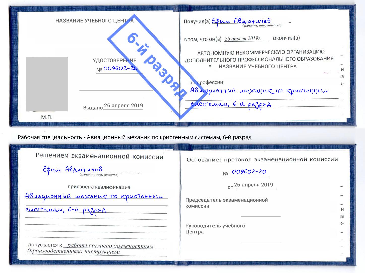 корочка 6-й разряд Авиационный механик по криогенным системам Междуреченск