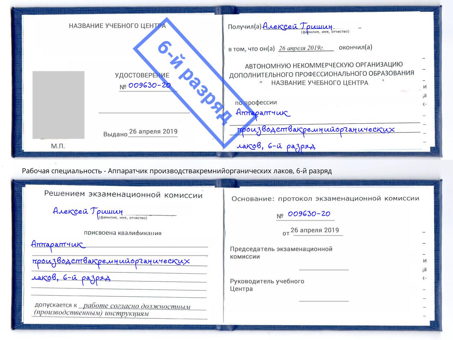 корочка 6-й разряд Аппаратчик производствакремнийорганических лаков Междуреченск