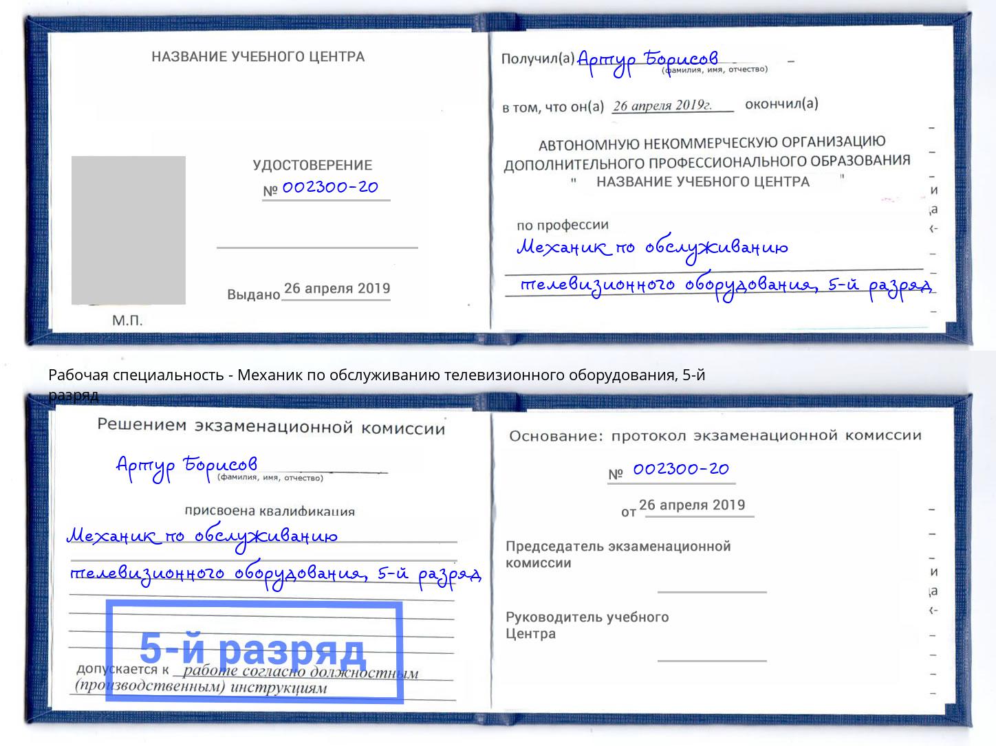 корочка 5-й разряд Механик по обслуживанию телевизионного оборудования Междуреченск